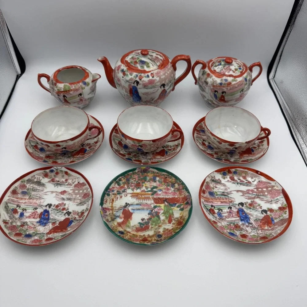 Antique Nippon Japanese‎ Tea Set 12 Piece Ceramic Geisha Scene Hand Painted